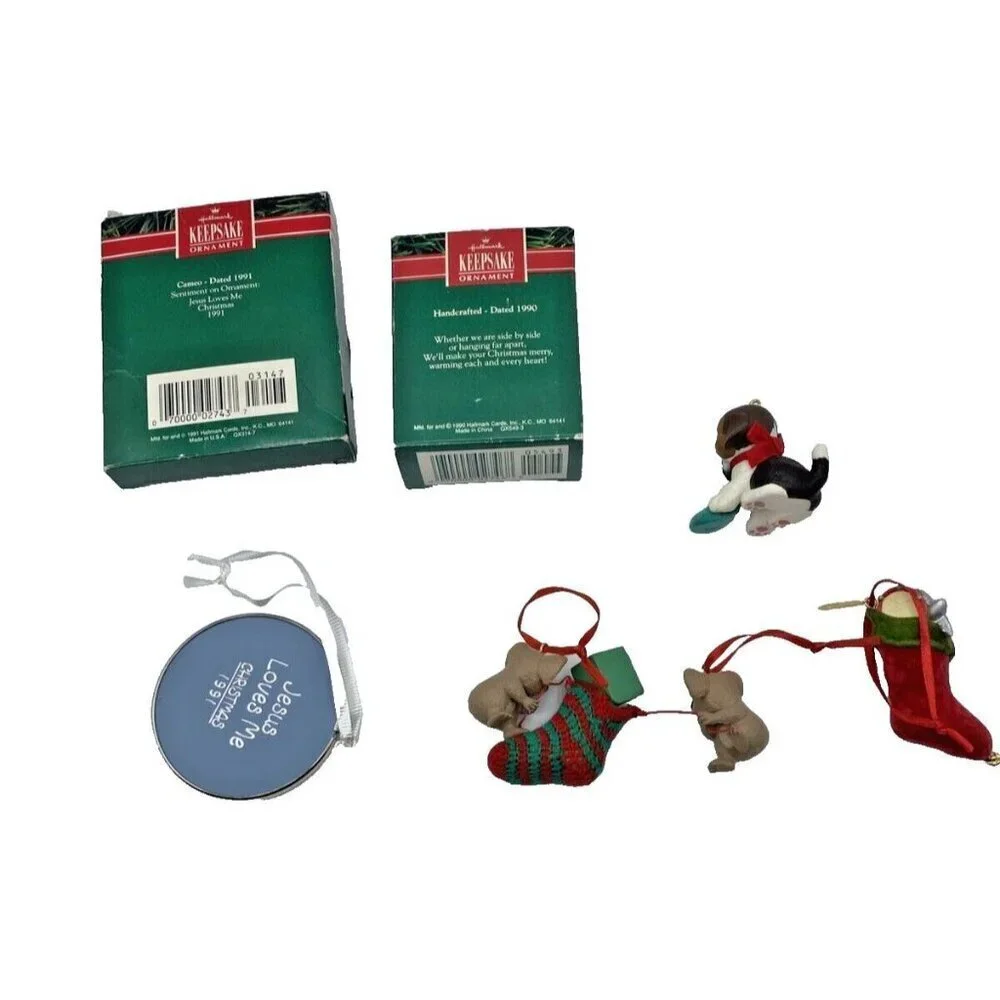 Hallmark Christmas Ornaments Lot 4 Puppy Love Jesus Loves Me Stocking 90s 2001
